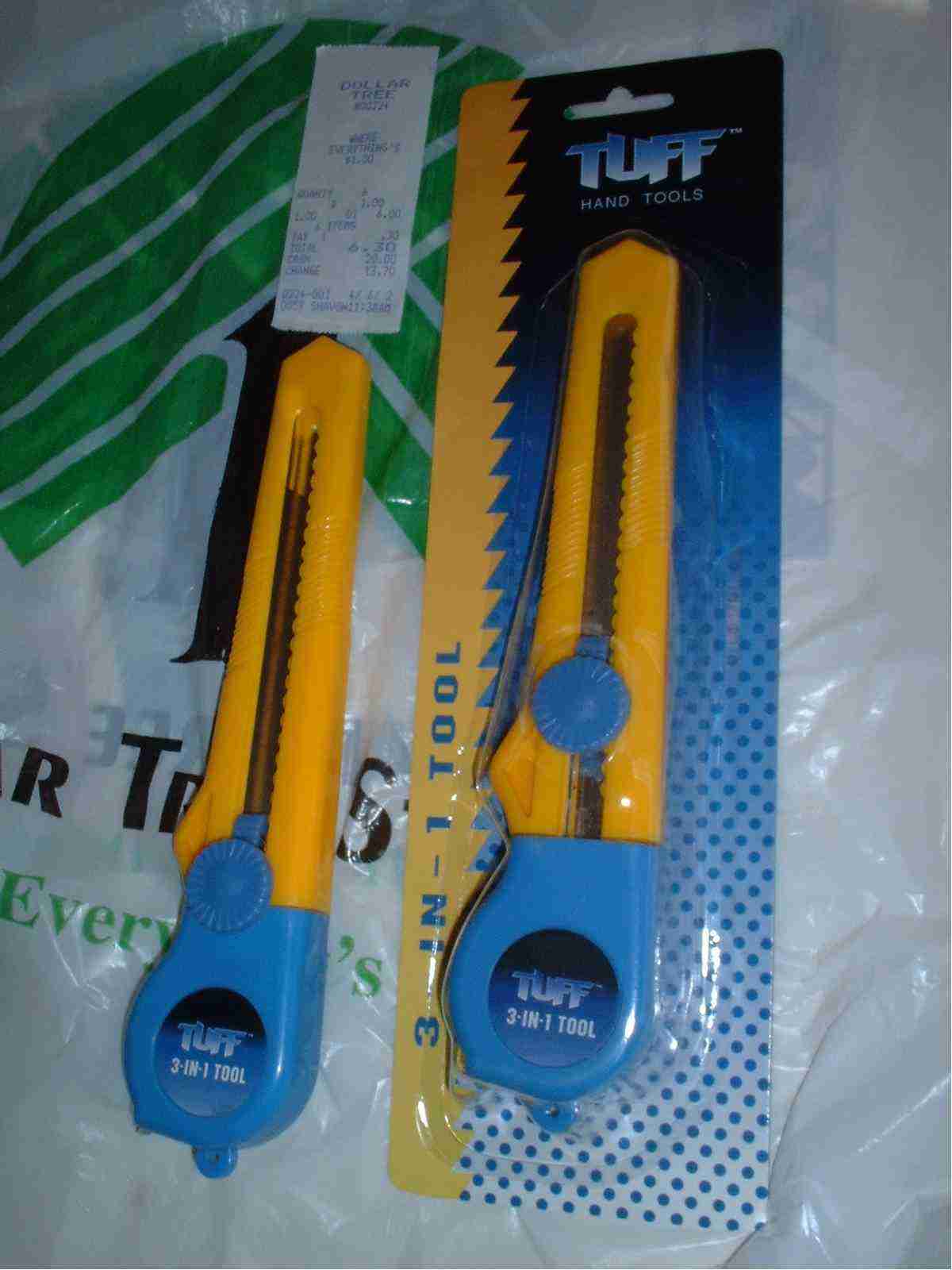 The 3-in-1 Tool, both in original packing and unwrapped, on top of its Dollar Tree bag