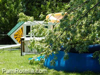 Toppled playhouse in the Dokes' backyard