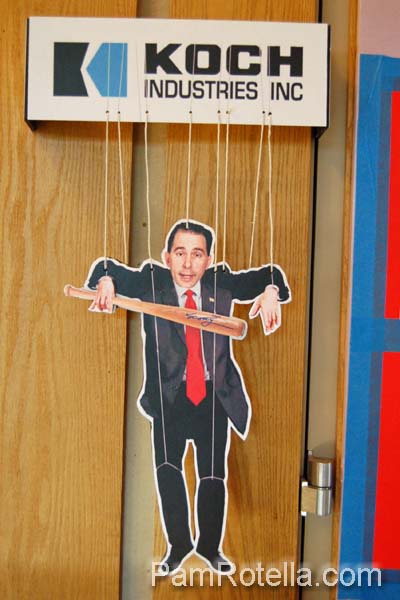 Artwork of Scott Walker as a Koch brother puppet from the Art in Protest show in Madison, photo by Pam Rotella
