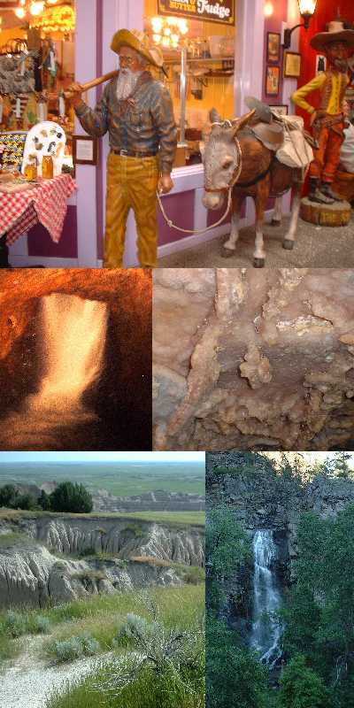 Wall Drugs, Thunderhead underground falls, Stage Barn Crystal Cave, Badlands, and Bridal Veil Falls in the Black Hills