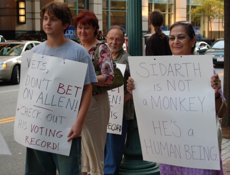 Protestors outside of Allen event, photo by Pam Rotella