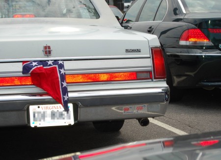 Confederate flag on vehicle blocks away from 'Veterans for Allen' event, photo by Pam Rotella