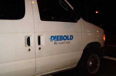 Diebold truck on the move at night, photo by Pam Rotella