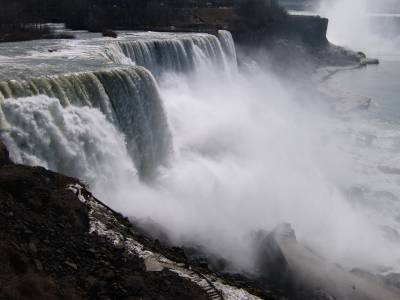 American side of Niagara Falls with Canadian falls in background, April 2006